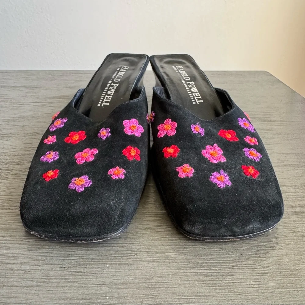 Vintage Embroidered Kitten Heels Mules Harold Powell Leather Suede Block Heels